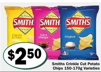 Friendly Grocer Smith's Crinkle Cut Potato Chips 150-170gm Varieties offer