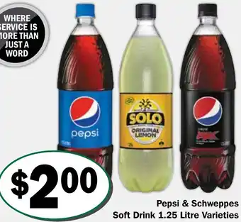 Friendly Grocer Pepsi & Schweppes Soft Drink 1.25 Litre Varieties offer