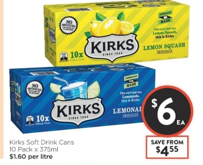 Kirks Soft Drinks Cans 10 Packs x 375ml offer at Foodworks