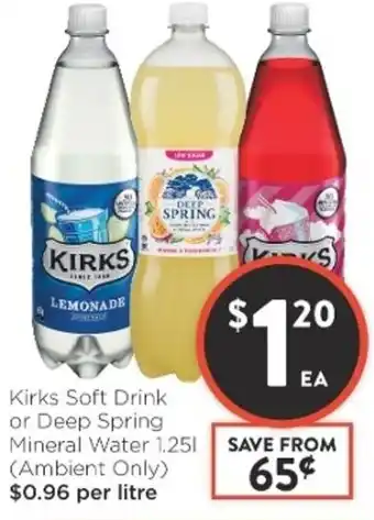 Foodworks Kirks Soft Drink or Deep Spring Mineral Water 1.25L offer
