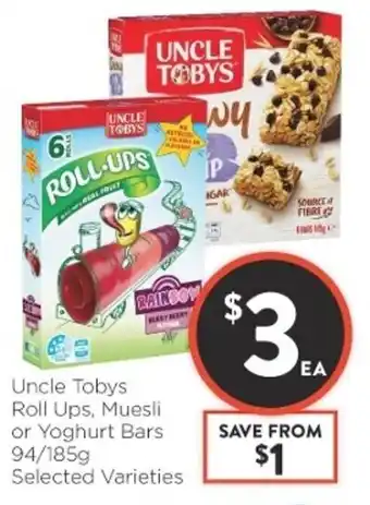 Foodworks Uncle Tobys Roll Ups, Muesli or Yoghurt Bars 94/185g offer