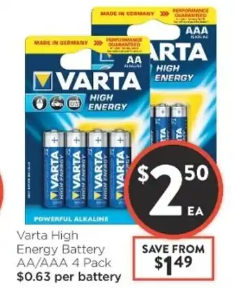 Foodworks Varta High Energy Battery AA/AAA 4 pack offer