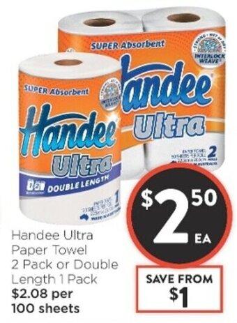 Foodworks Handee Ultra Paper Towel 2 Pack or Double Length 1 Pack offer