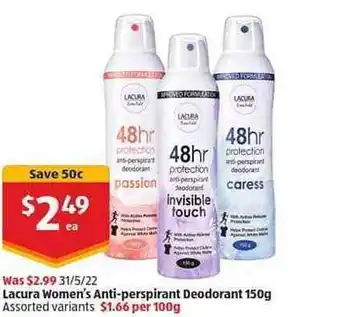 ALDI Lacura Women's Anti-perspirant Deodorant 150 G offer