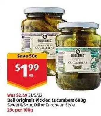 ALDI Deli Originals Pickled Cucumbers 680 G offer