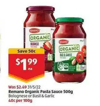 ALDI Remano Organic Pasta Sauce 500 G offer