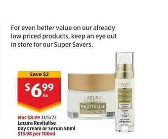 ALDI Lacura Revitalise Day Cream Or Serum 50ml offer