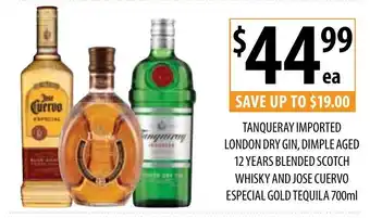 Tanqueray Imported London Dry Gin, Dimple Aged 12 Years Blended Scotch Whisky and Jose Cuervo Especial Gold Tequila 700ml