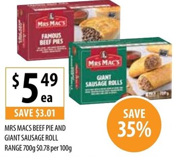 Supabarn Mrs Macs Beef Pie and Giant Sausage Roll Range 700g offer
