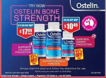 Chemist Warehouse Ostelin Bone Strength + Collagen Support + Magnesium 120 Tablets Or + Iron 60 Tablets offer