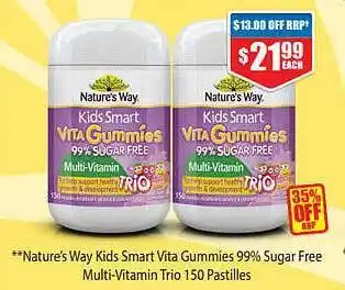 Chemist Warehouse Nature's Way Kids Smart Vita Gumies 99% Sugar Free Multi-vitamin Trio 150 Pastilles offer