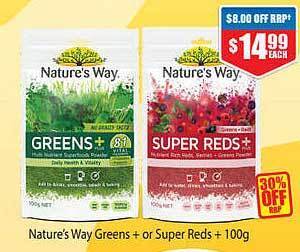 Chemist Warehouse Nature's Way Greens + Or Super Reds + 100g offer