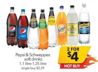 Cheap as Chips Pepsi & Schweppes Soft Drinks 1.1 Litre - 1.25 Litre offer