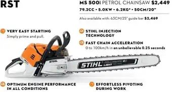 STIHL MS 500i Petrol Chainsaw 79.2cc . 5.0Kw . 6.2Kg . 50cm/20 offer