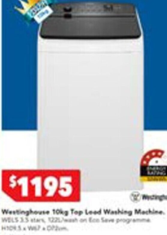 Westinghouse 10kg Top Load Washing Machine. offer at Harvey Norman