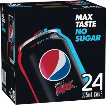 Woolworths Pepsi Max, Solo No Sugar, Mountain Dew No Sugar, Sunkist No Sugar or Schweppes Lemonade Zero Soft Drink Can Varieties 24 x 37 offer