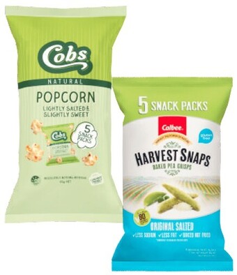 Coles Calbee Harvest Snaps 90g or Cobs Popcorn 65g offer