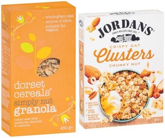 Coles Jordans Granola or Oat Clusters 500g-750g or Dorset Granola or Muesli 450g offer