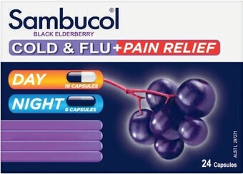 Coles Sambucol Cold & Flu + Pain Relief Capsules 24 Pack* offer
