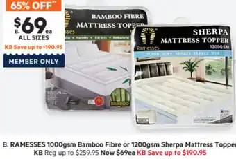 Harris Scarfe Ramesses 1000gsm Bamboo Fibre or 1200gsm Sherpa Mattress Topper KB offer