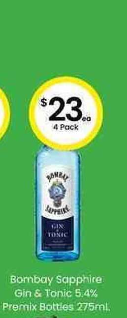 The Bottle O Bombay Sapphire Gin & Tonic 5.4% Premix Bottles 275ml offer