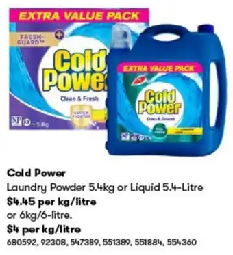 BIG W Cold Power Laundry Powder 680592,92308,547389,551389,551884,554360 offer