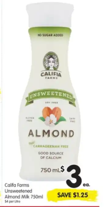 Spar Califa Farms Unsweetened Almond Milk 750ml offer