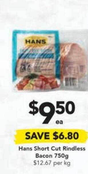 Drakes Hans Short Cut Rindless Bacon 750g offer