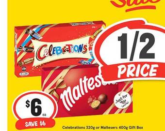 IGA Celebrations 320g Or Maltesers 400g Gift Box offer