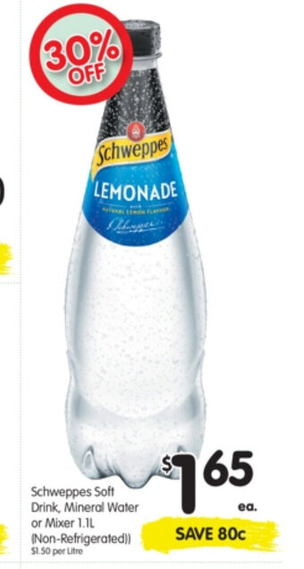 Schweppes Soft Drink, Mineral Water or Mixer 1.1L