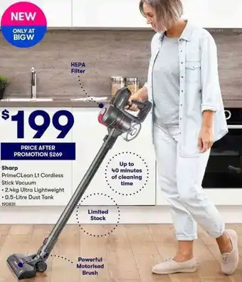 BIG W Sharp PrimeClean L1 Codless Stick Vacuum 190831 offer
