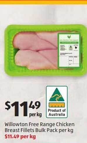 ALDI Willowton Free Range Chicken Breast Fillets Bulk Pack Per Kg offer