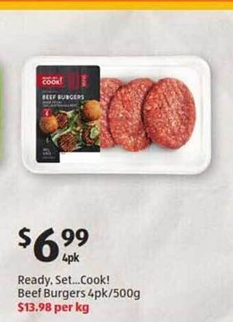 ALDI Ready Set...cook! Beef Burgers 4pk-500g offer
