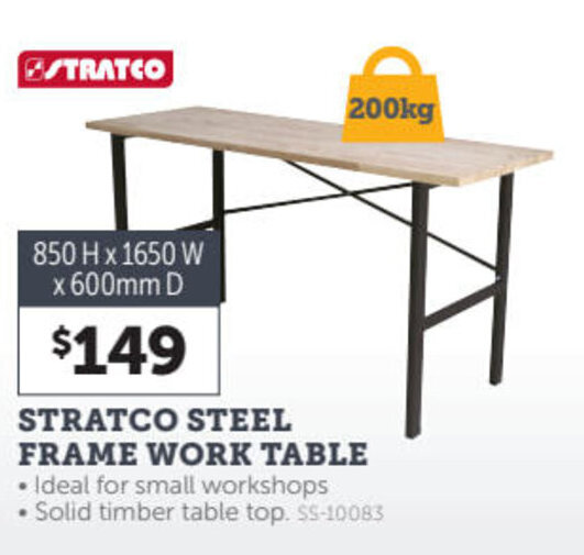 STRATCO steel frame work table offer at Stratco