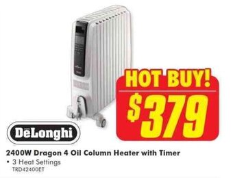 The Good Guys DELONGHI 2400W dragon 4 oil column heater with timer offer