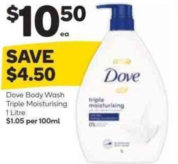 DOVE body wash triple moisturising 1 litre offer at Woolworths