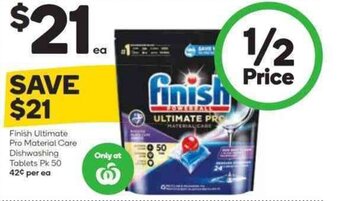 Woolworths FINISH ultimate pro material care dishwashing tablets pk 50 offer