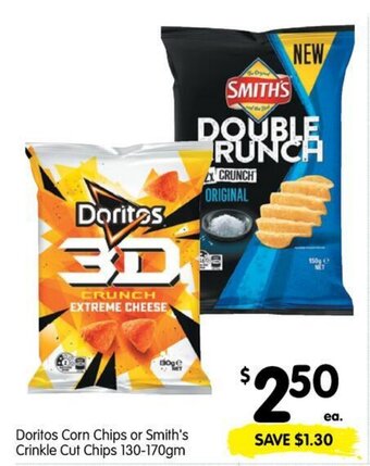 Spar DORITOS corn chips or smith's crinkle cut chips 130-170gm offer