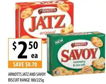 Supabarn ARNOTTS jatz and savoy biscuit range 180/225g offer