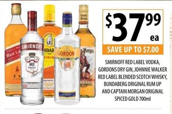 Supabarn Smirnoff Red Label Vodka gordons Dry Gin Johnnie Walker Red Label Blended Scotch Whisky Bundaberg Original Rum Up offer
