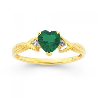 Prouds 9ct Gold Created Emerald & Diamond Heart Ring offer