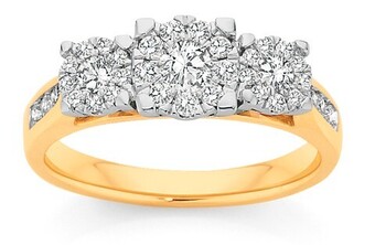 Angus & Coote 9ct Gold Diamond Cluster Trilogy Ring offer