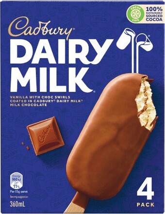 Woolworths Cadbury Bars or Sticks 300-360ml Pk 4 – From the Freezer offer