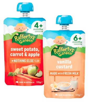 Coles Rafferty’s Garden 4+ Month, 6+ Month or 8+ Month Baby Food Pouch 120g offer