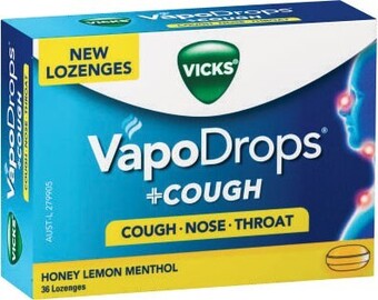 Coles Vicks VapoDrops + Cough Honey Lemon Menthol Lozenges 36 Pack offer