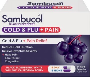 Coles Sambucol Cold & Flu + Pain Relief Capsules 24 Pack offer