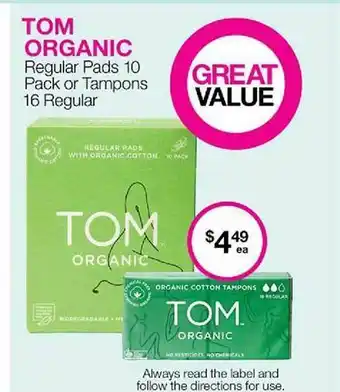 Priceline Tom Organic Regular Pads 10 Pack Or Tampons 16 Regular offer