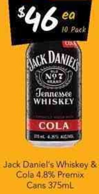 Cellarbrations Jack Daniel's Whiskey & Cola 4.8% Premix Cans 375ml offer