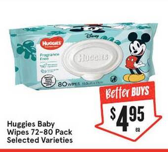 IGA Huggies Baby Wipes 72-80 Pack Selected Varieties offer