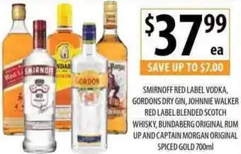 Supabarn Smirnoff Red Label Vodka, Gordons Dry Gin, Johnnie Walker Red Ladel Blended Scotch Whisky, Bundaberg Original Rum Up offer
